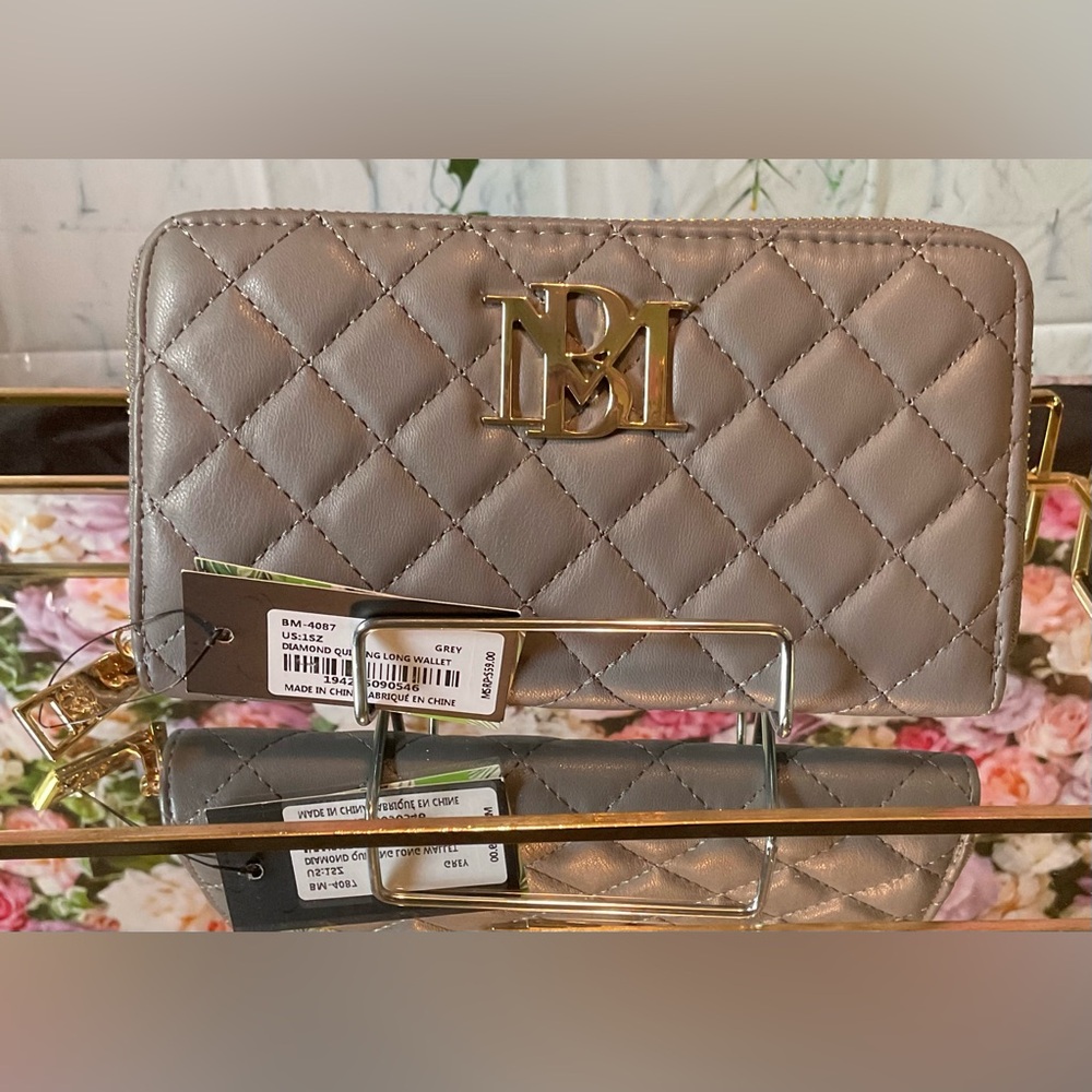 Badgley Mischka gray diamond quilted long wallet NWT